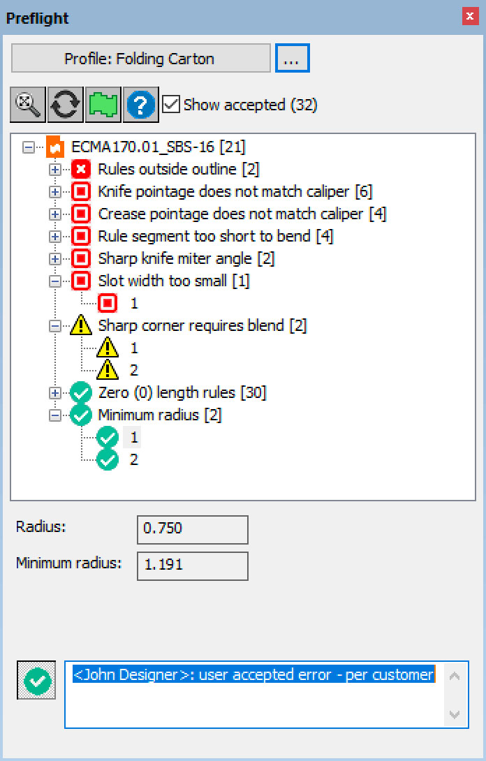 ArtiosCAD Preflight: user accepted errors